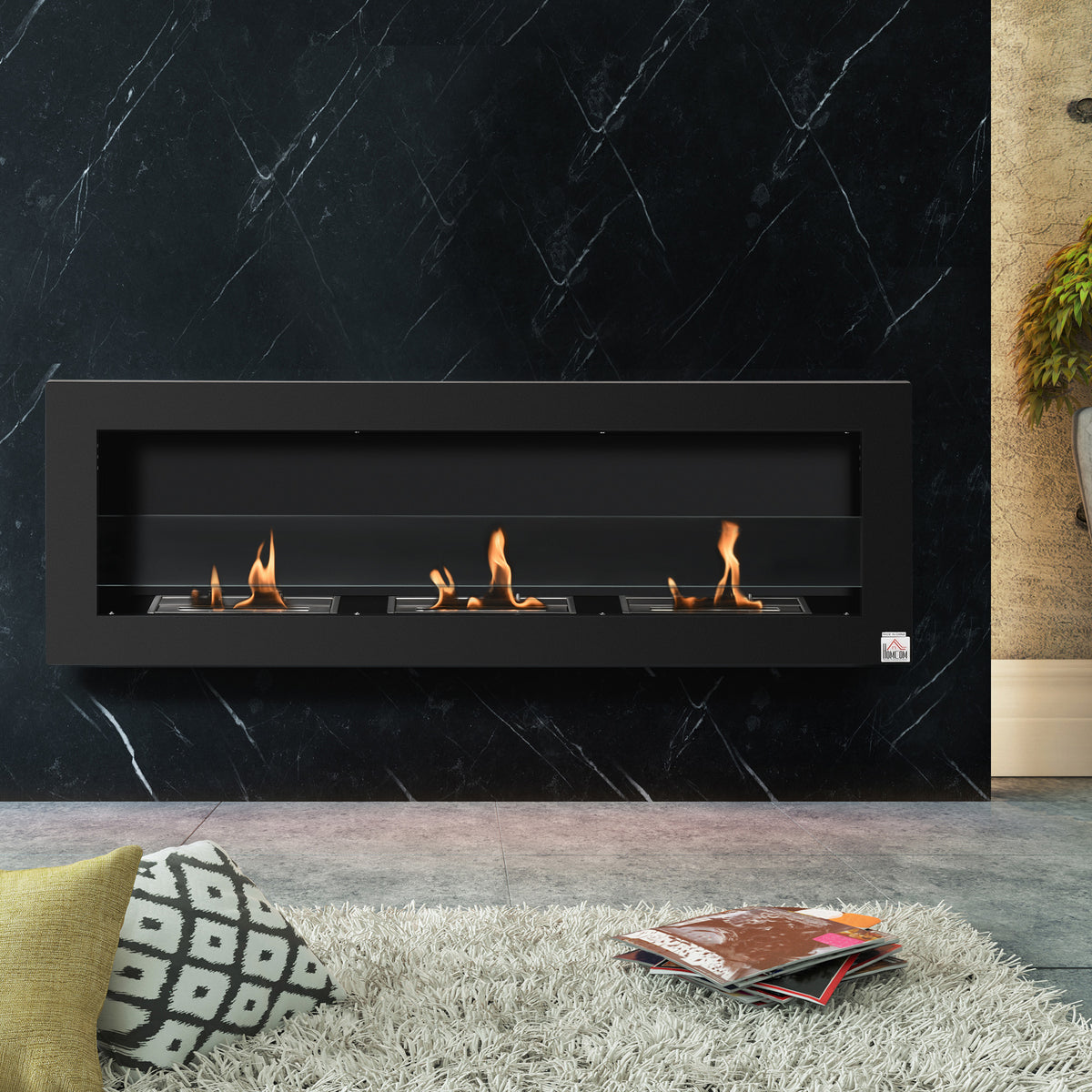 Cheminée bioéthanol Murale encastrable 3 brûleurs 3 L au total, environ 3 h de durée de combustion, dims. 120L x 15l x 40H cm, acier inox noir