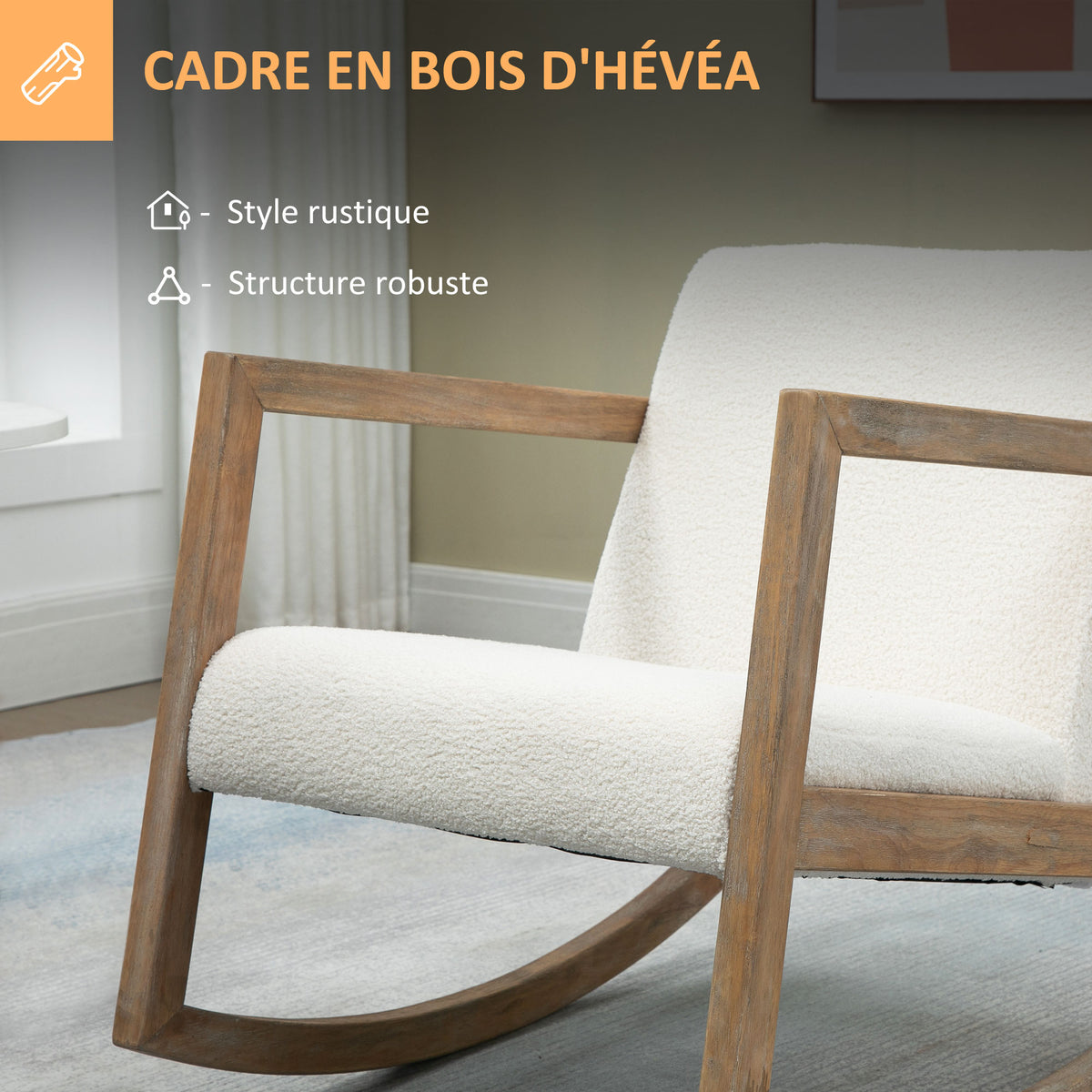Fauteuil à bascule fauteuil allaitement rocking chair en tissu effet laine bouclée avec pieds en bois massif