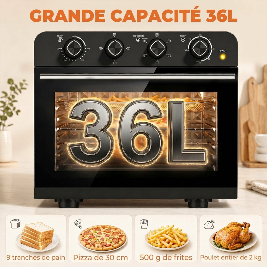 Friteuse à Air Chaud 36L, Four à Air Chaud 1800 W avec Rôtissoire, Plaque de Cuisson, Panier de Friture et Grille, Noir