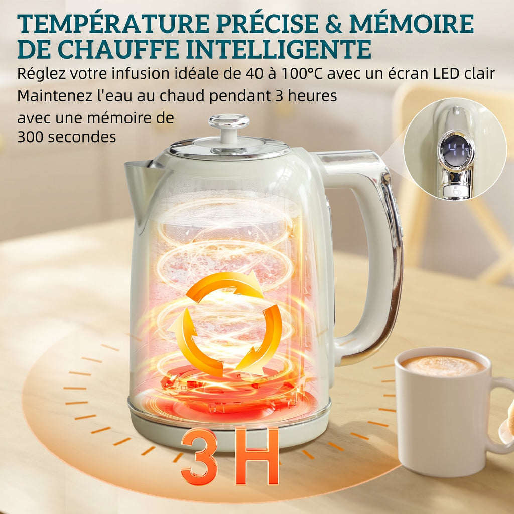 Ensemble bouilloire et grille-pain, bouilloire en acier inoxydable 1,7 L et 2200 W et grille-pain à 2 tranches, gris