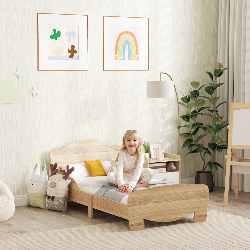 Lit enfant 70x140 cm avec barrières de sécurité thème d'ours pour garçons, filles, âgés de 3 à 6 ans, bois naturel