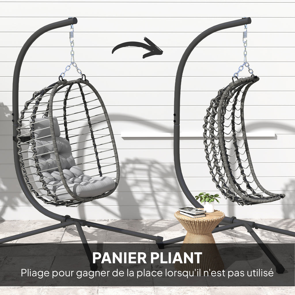 Fauteuil suspendu pliable en résine tressée avec support, coussin et oreiller hauteur réglable, gris