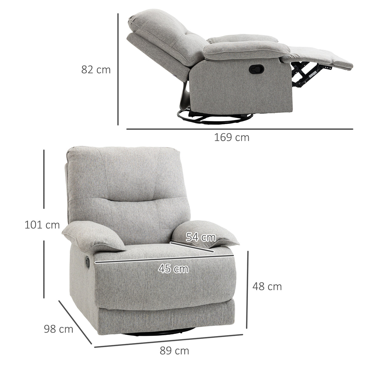Fauteuil de relaxation inclinable manuellement avec repose-pied ajustable tissu aspect lin gris clair