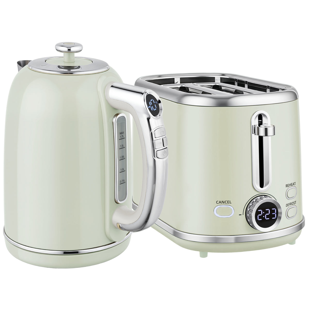 Ensemble bouilloire et grille-pain, bouilloire en acier inoxydable 1,7 L et 2200 W et grille-pain à 2 tranches, gris