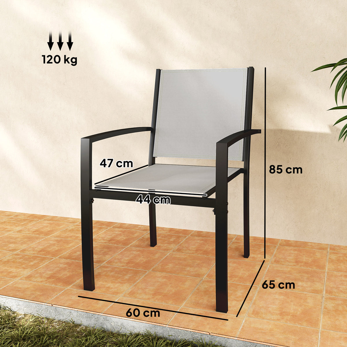 Lot de 2 chaises de jardin chaises empilables d'extérieur avec accoudoirs, cadre en acier 60 x 65 x 85 cm gris clair