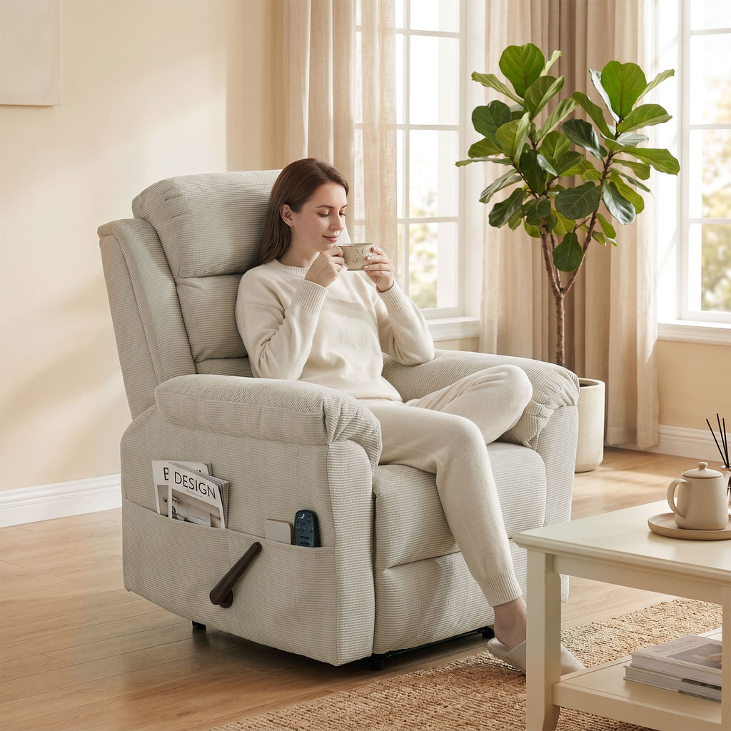 Fauteuil Inclinable de Massage et Chauffage, Fauteuil de Relaxation, Appuie-tête Réglable Poches Latérales, Crème