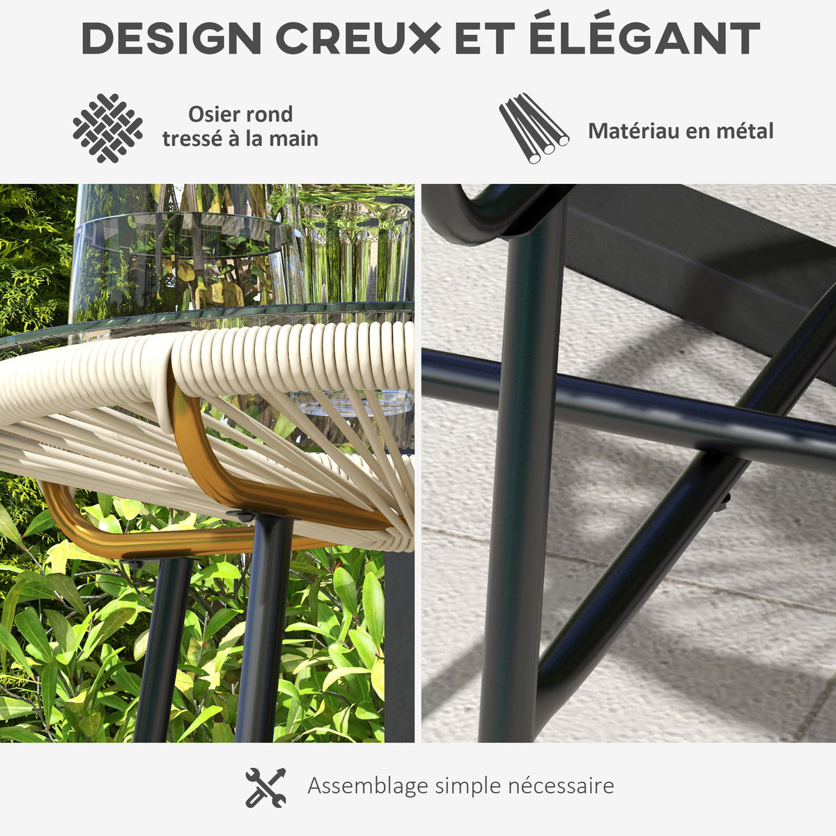 Table basse ronde de jardin en résine aspect rotin métal et plateau verre trempé Ø 50 x 50 cm crème