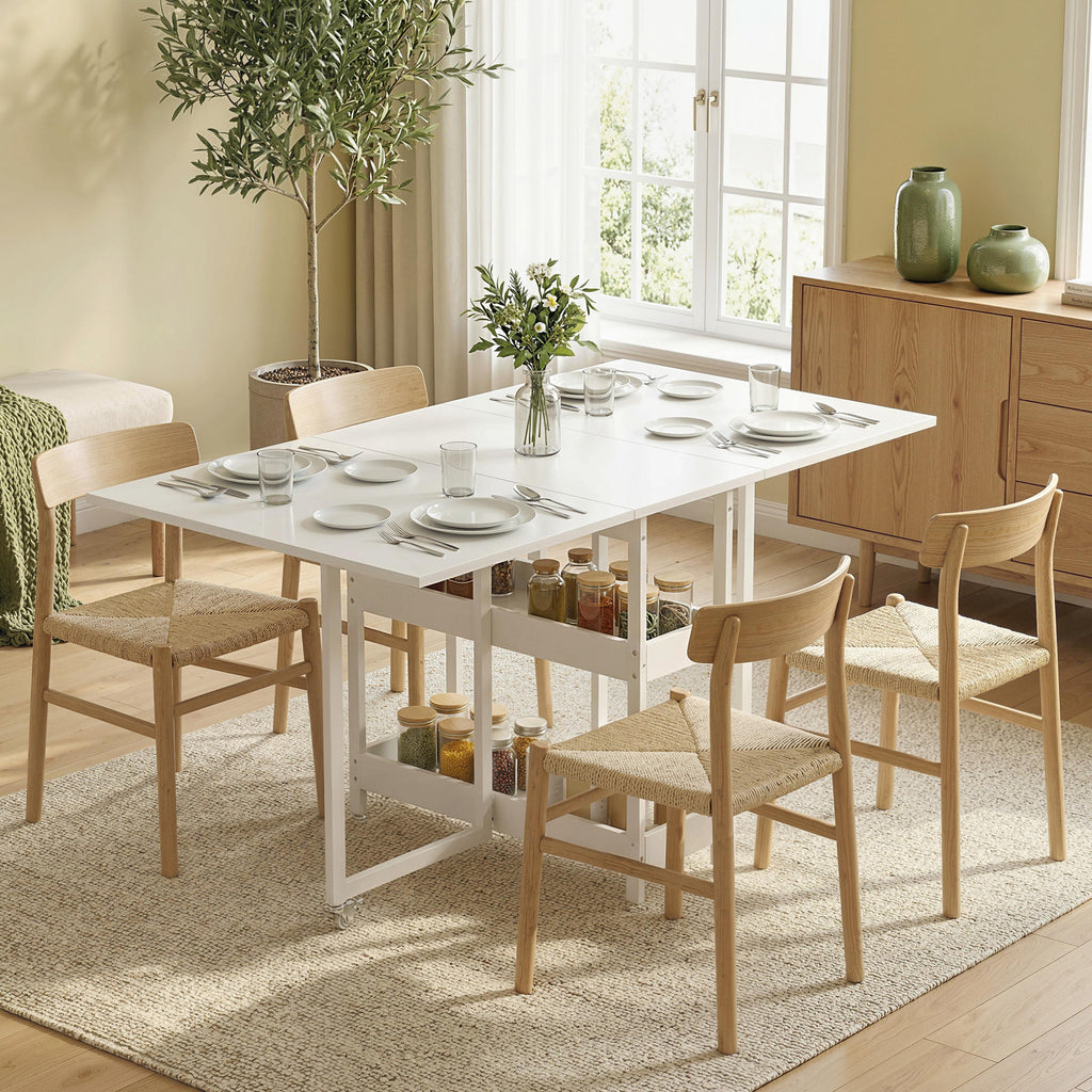 Table à manger pliante sur roulettes 4 personnes avec compartiments ouverts, pour petits espaces, salle à manger, blanc