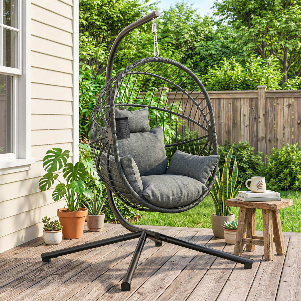 Fauteuil œuf suspendu, chaise hamac balançoire intérieur et extérieur, panier pliable, coussin rembourré, gris