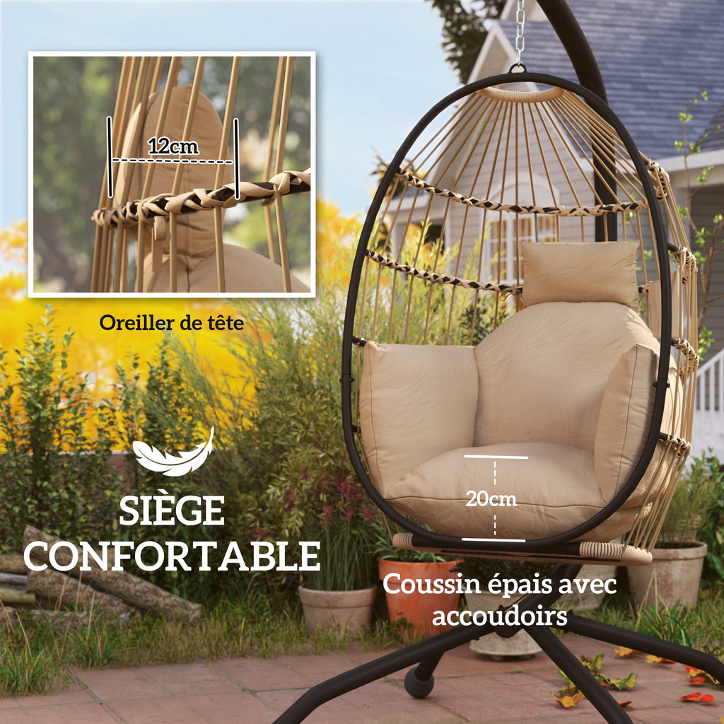 Fauteuil oeuf suspendu, intérieur et extérieur, panier pliable, coussin rembourré, cadre en acier, beige