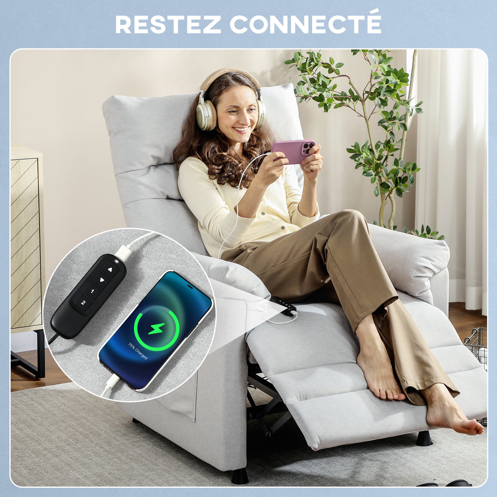 Fauteuil relax électrique massant et chauffant, fauteuil inclinable, repose-pieds, moteur silencieux, 82x99x106cm, gris