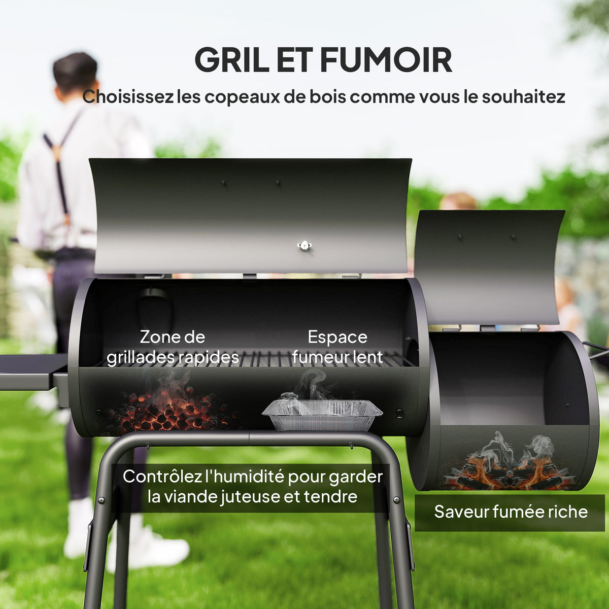 Barbecue à Charbon fumoir BBQ Grill Smoker sur Pied avec Couvercle, roulettes, thermomètre, étagères Noir