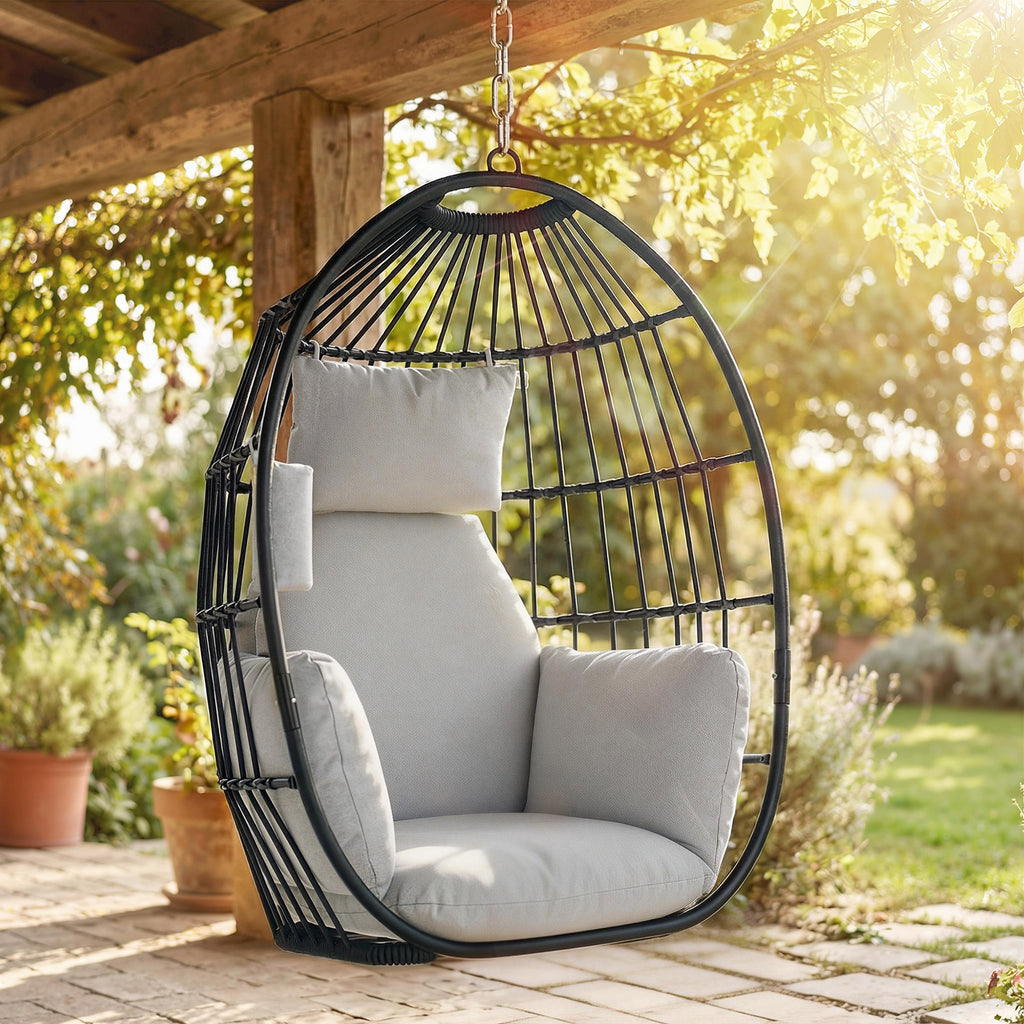 Fauteuil suspendu, fauteuil œuf suspendu, panier pliable, coussins rembourrés, porte-gobelet, oreiller, gris foncé