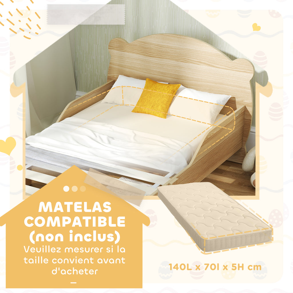 Lit enfant 70x140 cm avec barrières de sécurité thème d'ours pour garçons, filles, âgés de 3 à 6 ans, bois naturel