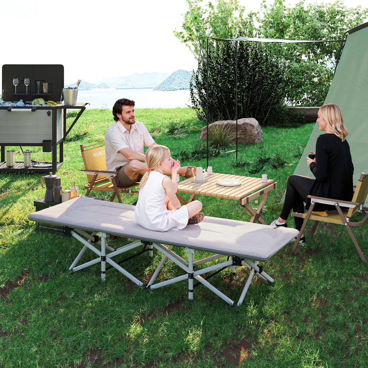 Lit de camping pliable avec matelas transat chaise longue sac de rangement intégrée dim. 185L x 65l x 37H cm gris