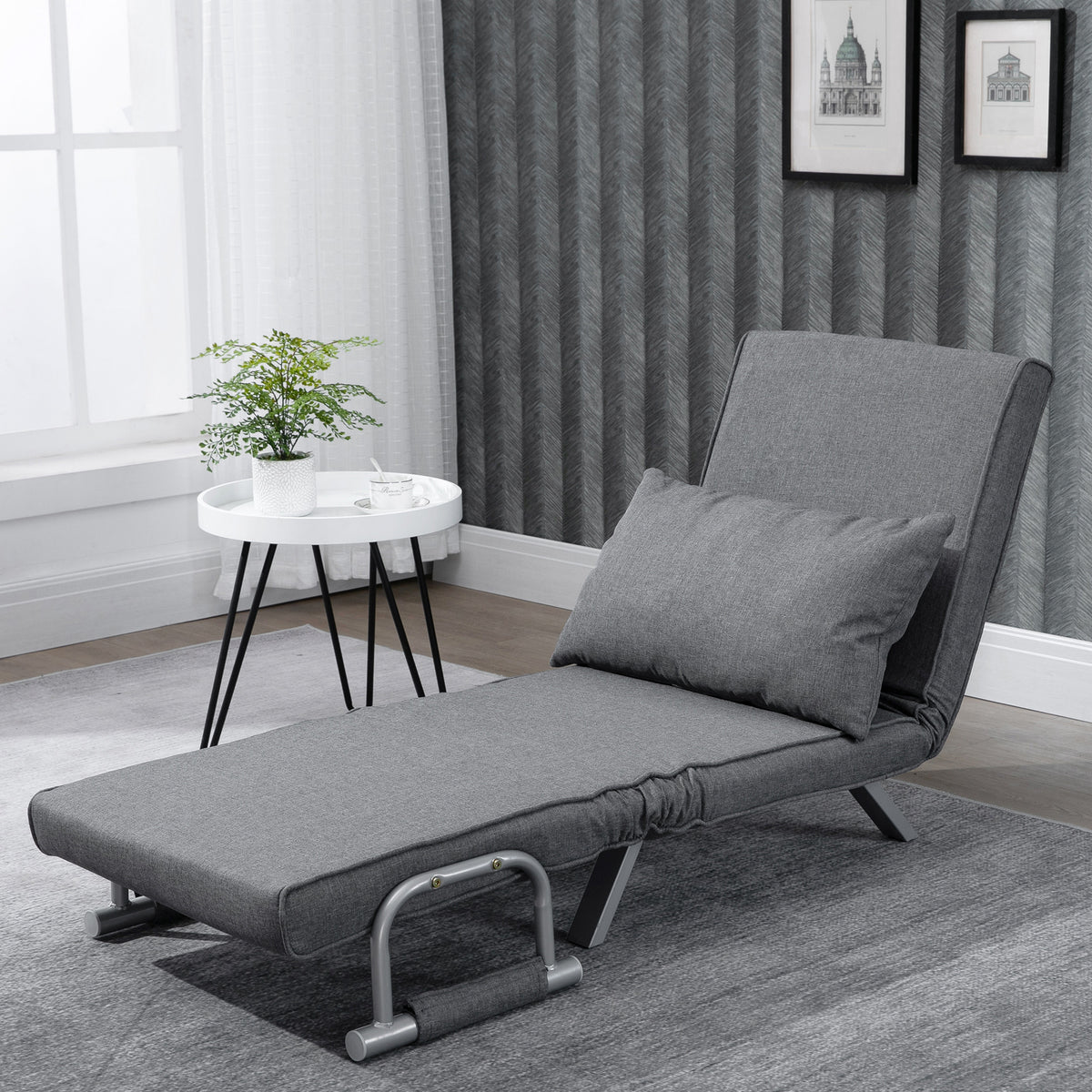 Fauteuil chauffeuse canapé-lit Convertible 1 Place déhoussable Grand Confort Coussin Pieds accoudoirs métal Lin Gris Clair