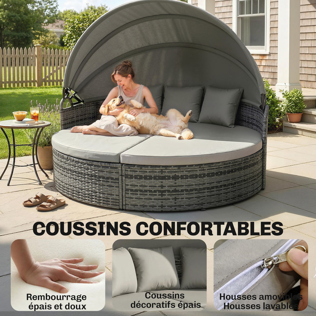 Bain de soleil rond, lit de jardin extérieur modulable 3 PSC en résine tressée avec auvent rétractable, gris clair