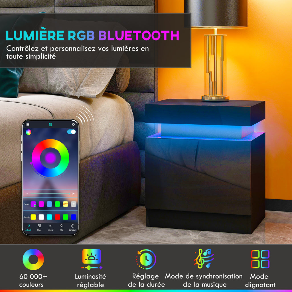 Table de chevet table de nuit lumière LED RVB panneau haute brillance avec 2 tiroirs pour salon chambre à coucher noir