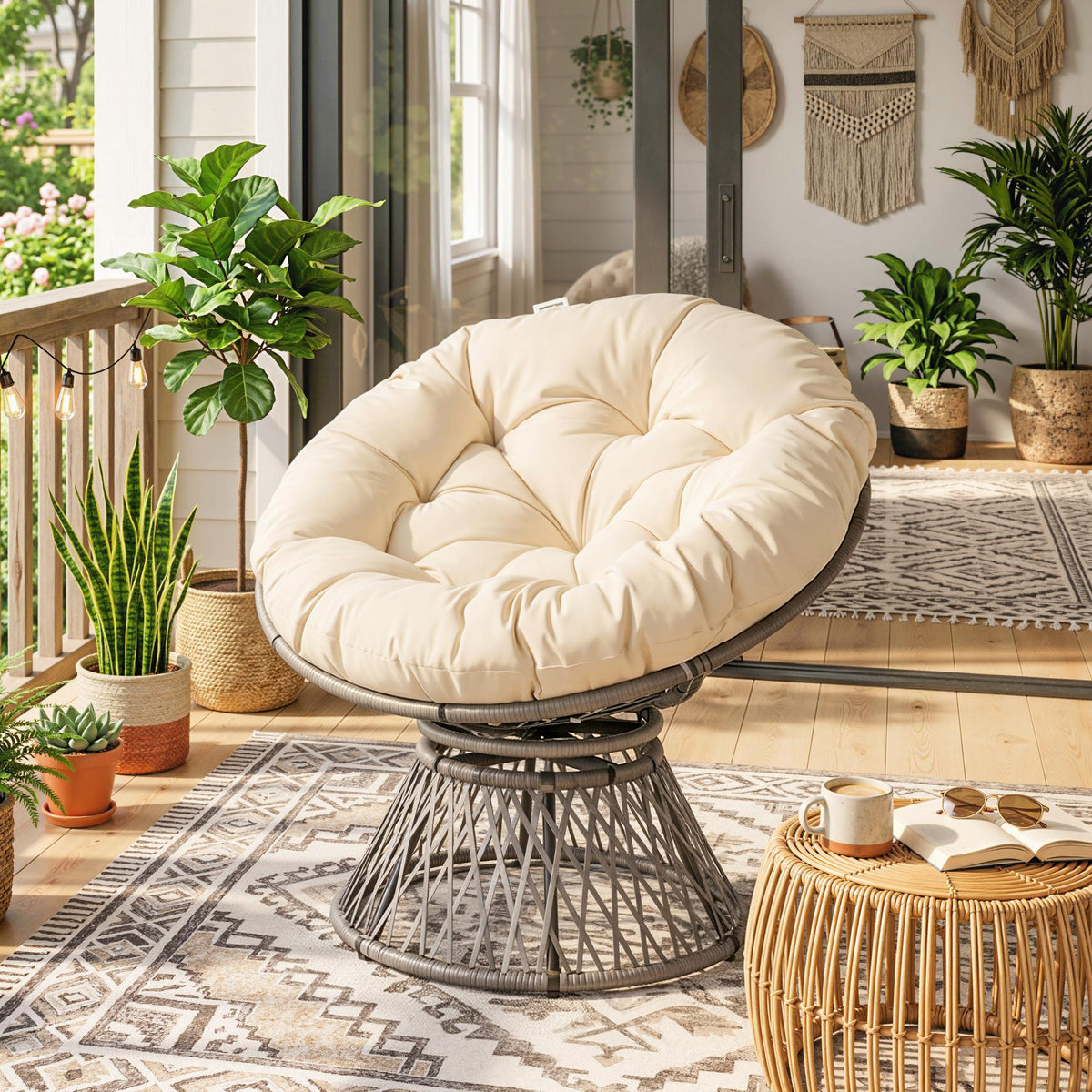 Fauteuil rond de jardin fauteuil papasan pivotant Ø 97 x 90H cm grand coussin fourni polyester résine tressée