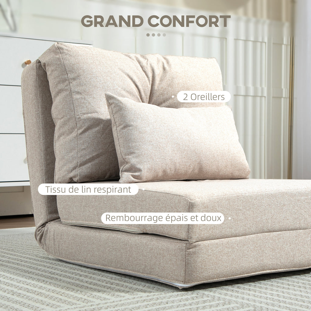 Chauffeuse canapé-lit convertible fauteuil 1 place avec 1 coussin avec dossier réglable, beige