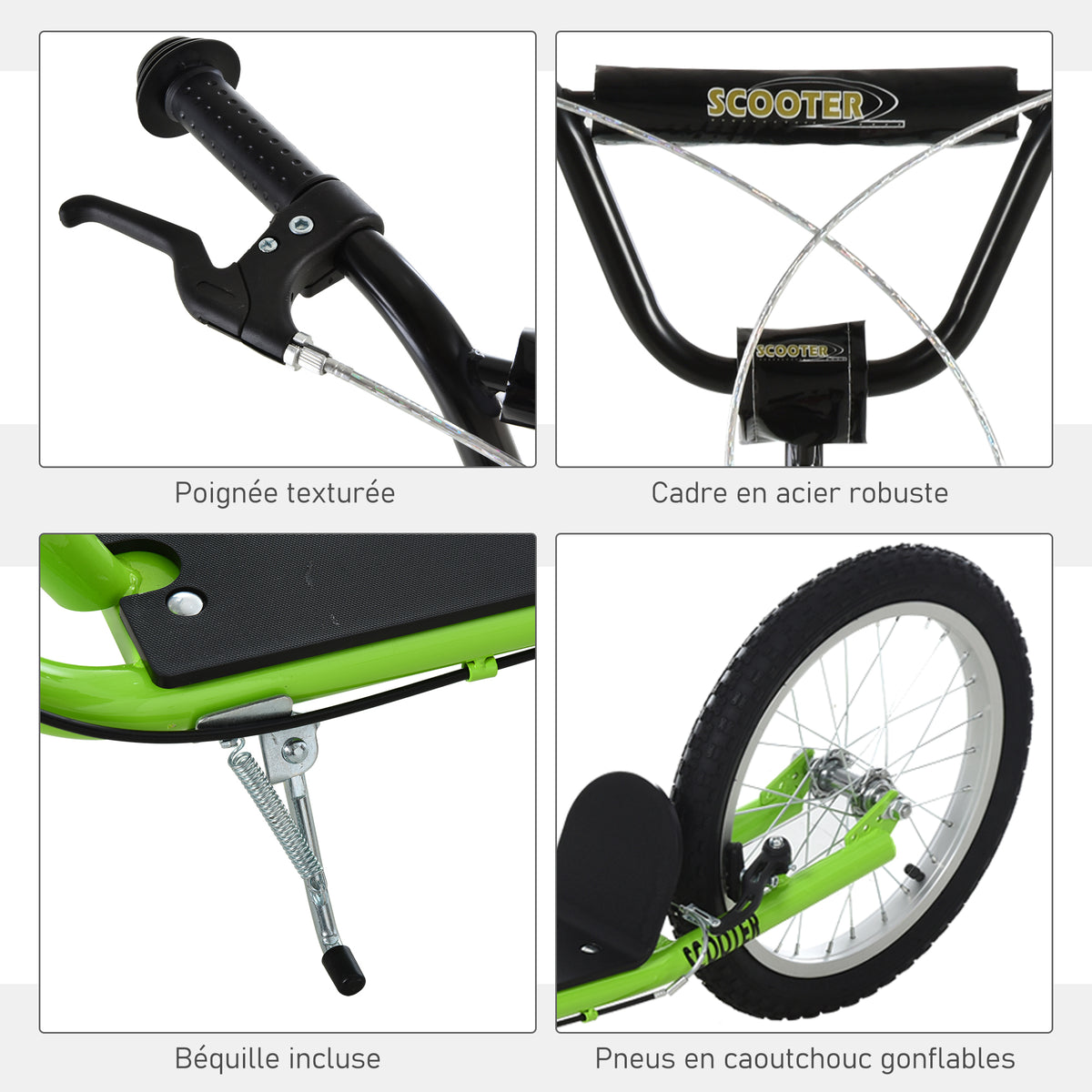 Trottinette patinette pour Enfants à partir de 5 Ans Grands pneus Guidon réglable poignée Frein et béquille Acier Vert