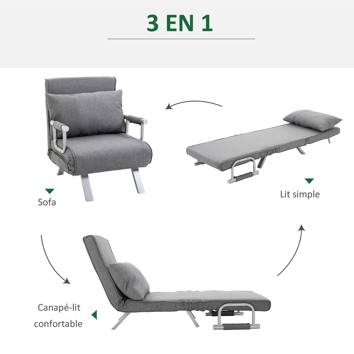 Fauteuil chauffeuse canapé-lit Convertible 1 Place déhoussable Grand Confort Coussin Pieds accoudoirs métal Lin Gris Clair