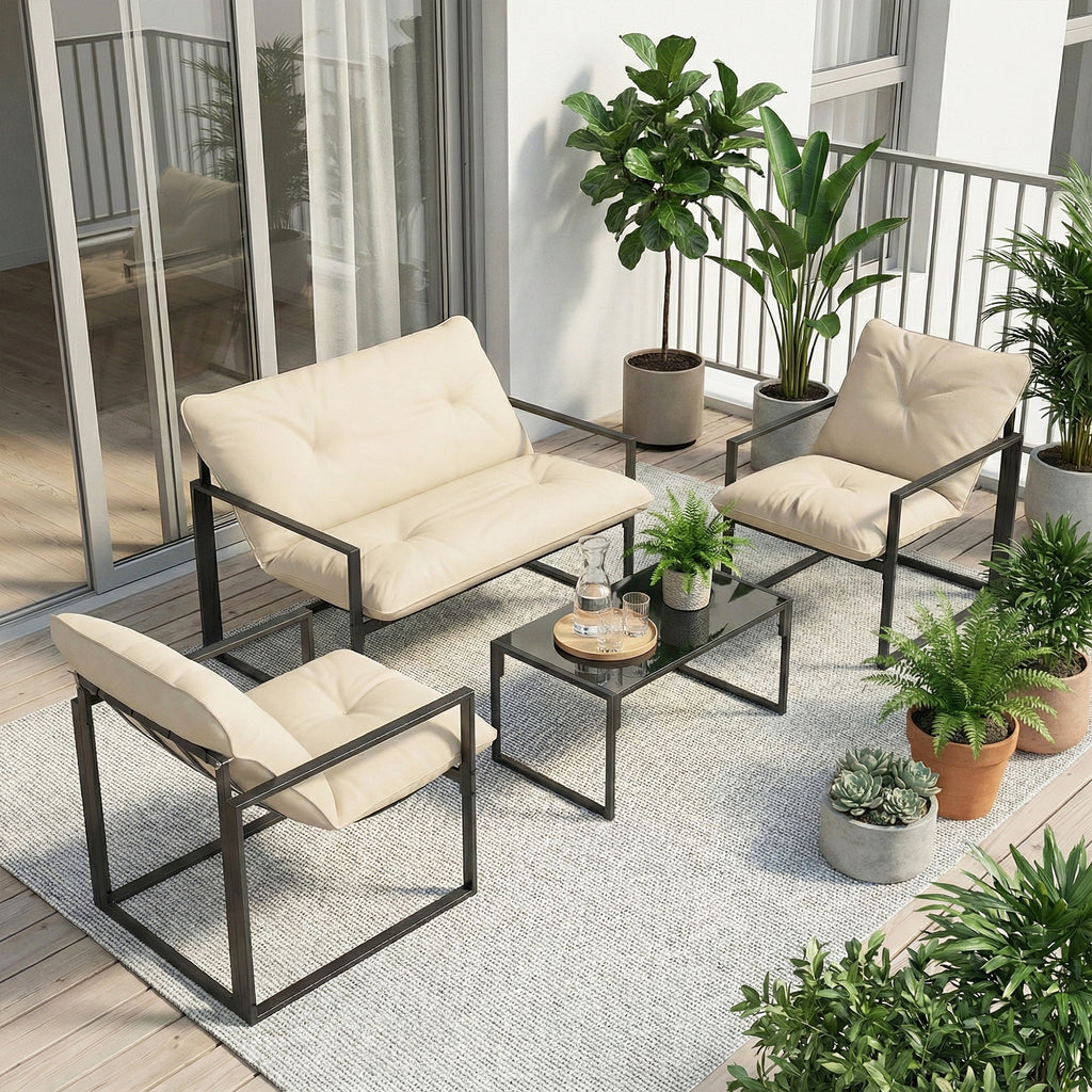 Salon de jardin 4 pièces 4 personnes avec canapé 2 places, 2 fauteuils et 1 table basse gris