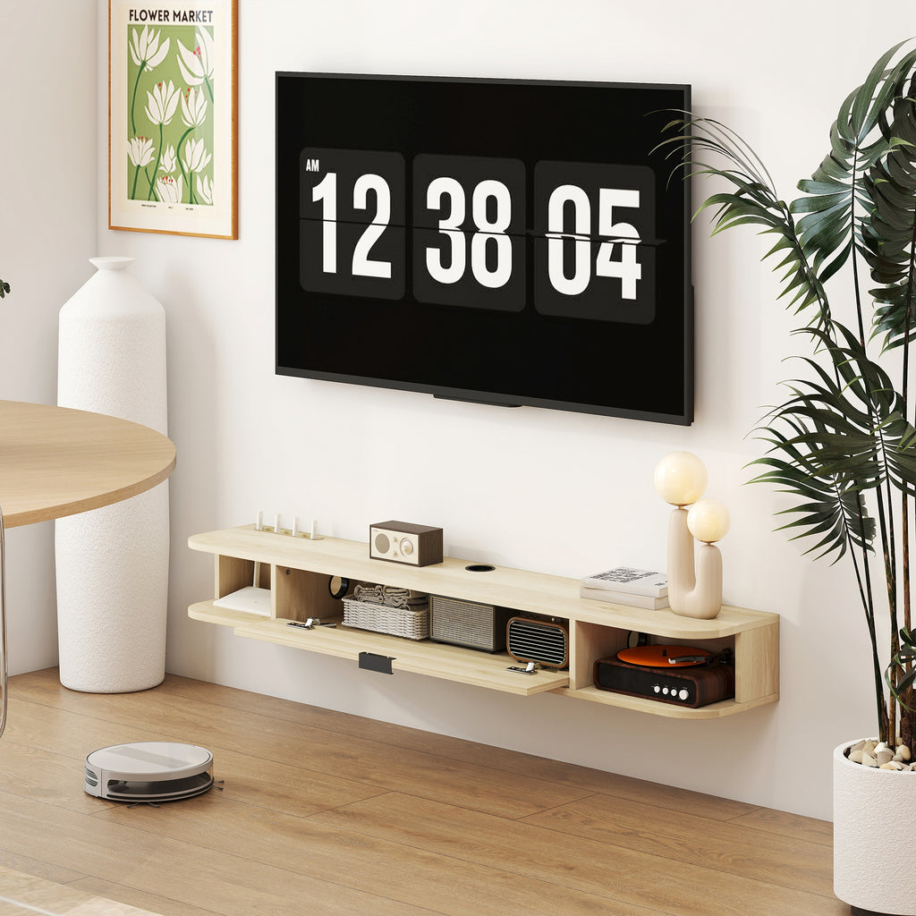 Meuble TV suspendu, meuble télé pour téléviseur jusqu'à 60 pouces, tiroir rabattable 2 étagères 140x24x16cm bois naturel