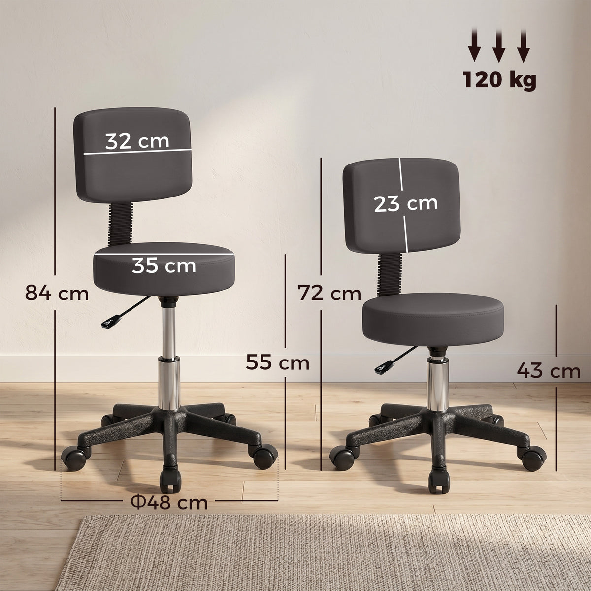 Tabouret massage a roulettes reglable en hauteur pivotant avec dossier ergonomique gris