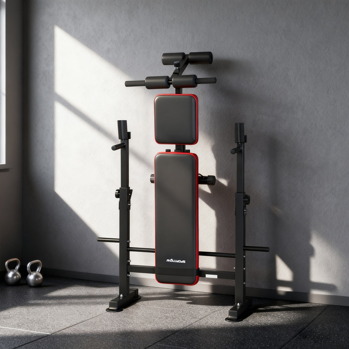 Banc de musculation complet multifonction avec dossier réglable, repose-jambes et support de poids 147x109x122cm noir