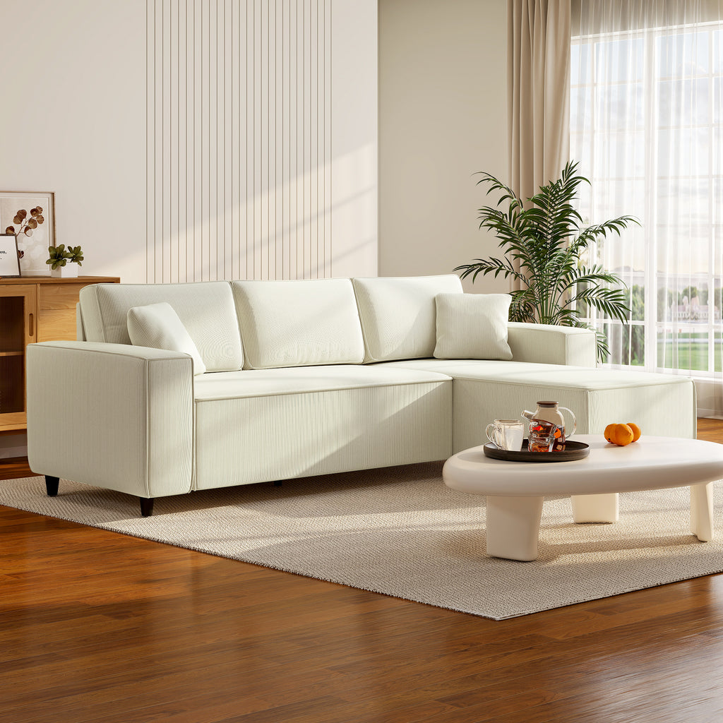 Canapé d'angle réversible 3 places moderne avec coussins inclus, tissu velours côtelé, crème