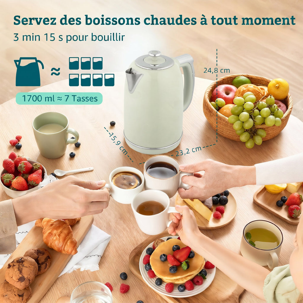 Ensemble bouilloire et grille-pain, bouilloire en acier inoxydable 1,7 L et 2200 W et grille-pain à 2 tranches, gris