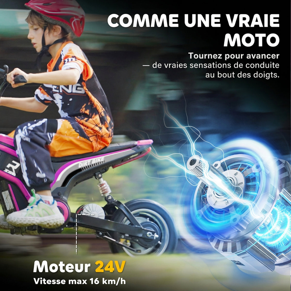 Moto cross électrique enfant moto électrique enfants moteur 350 W batterie 12V 8-16 km/h pneus gonflables 12'' rose
