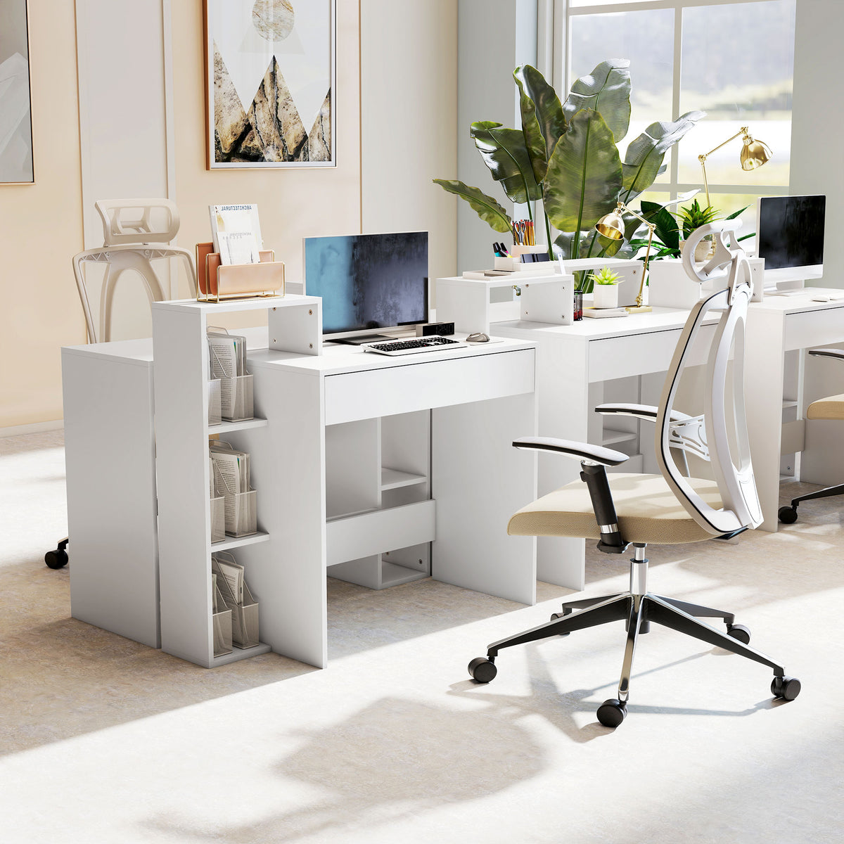 Bureau avec rangement, bureau d'ordinateur avec 3 étagères de rangement et tiroir, 100 x 40 x 90 cm, blanc
