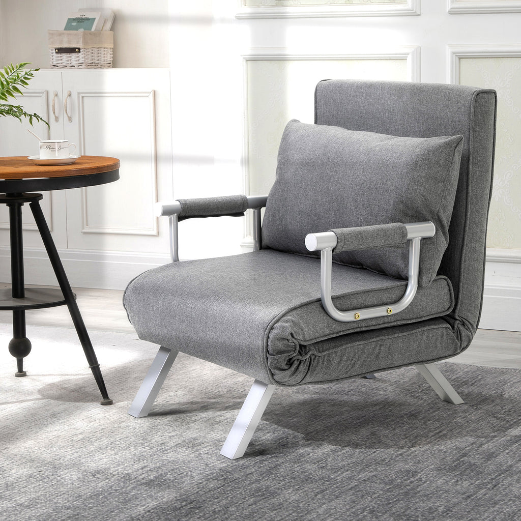 Fauteuil chauffeuse canapé-lit Convertible 1 Place déhoussable Grand Confort Coussin Pieds accoudoirs métal Lin Gris Clair