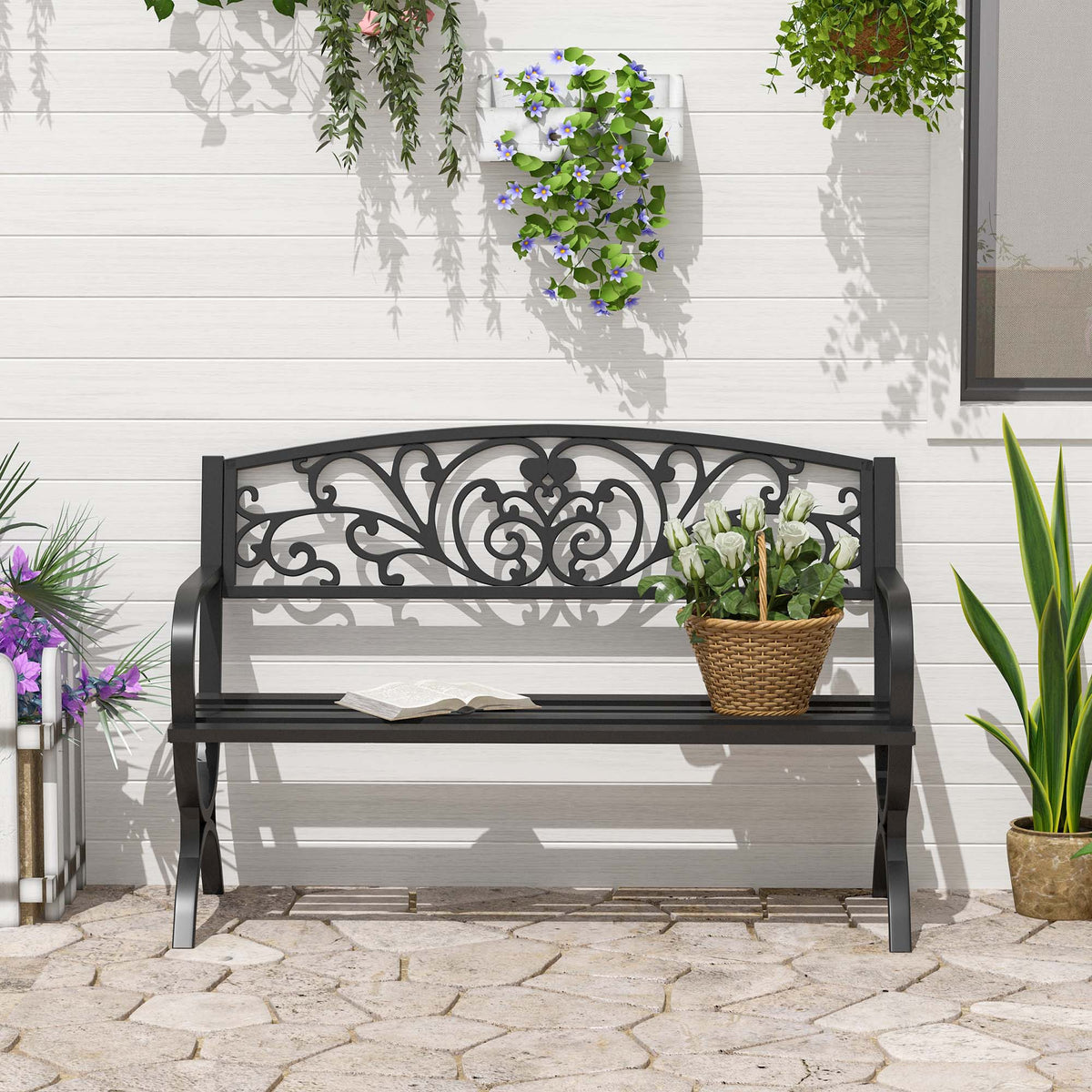 Banc de jardin terrasse en acier fonte noir 3 places 127 x 60 x 85 cm charge max 240 Kg
