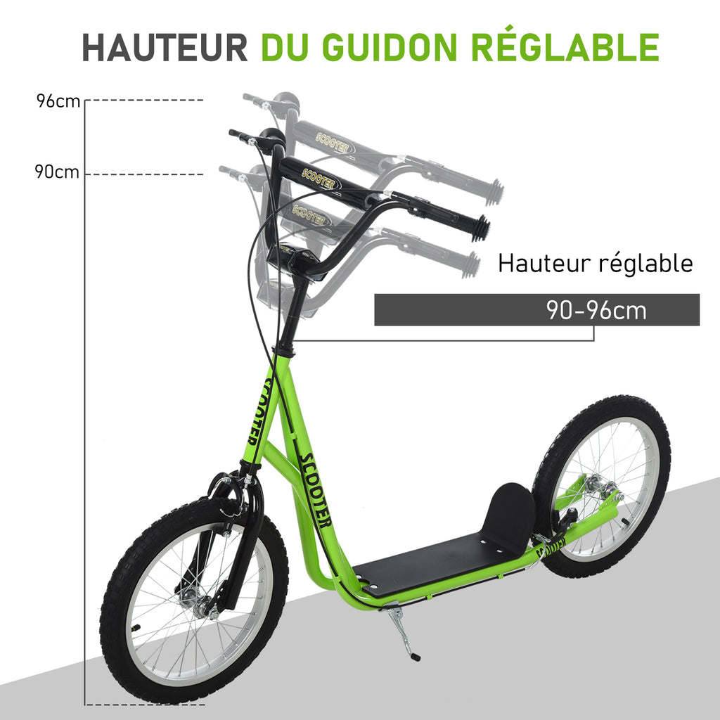 Trottinette patinette pour Enfants à partir de 5 Ans Grands pneus Guidon réglable poignée Frein et béquille Acier Vert