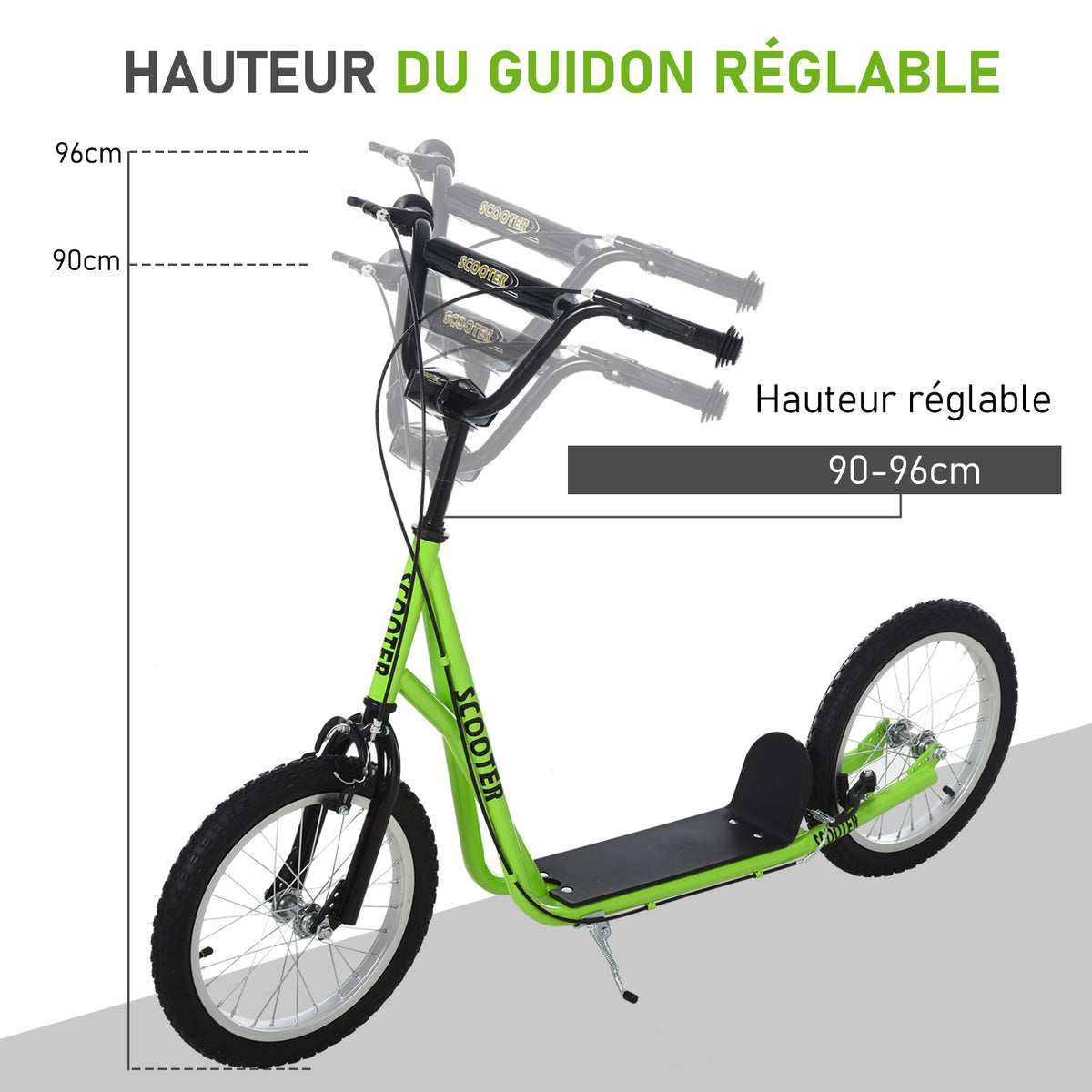 Trottinette patinette pour Enfants à partir de 5 Ans Grands pneus Guidon réglable poignée Frein et béquille Acier Vert