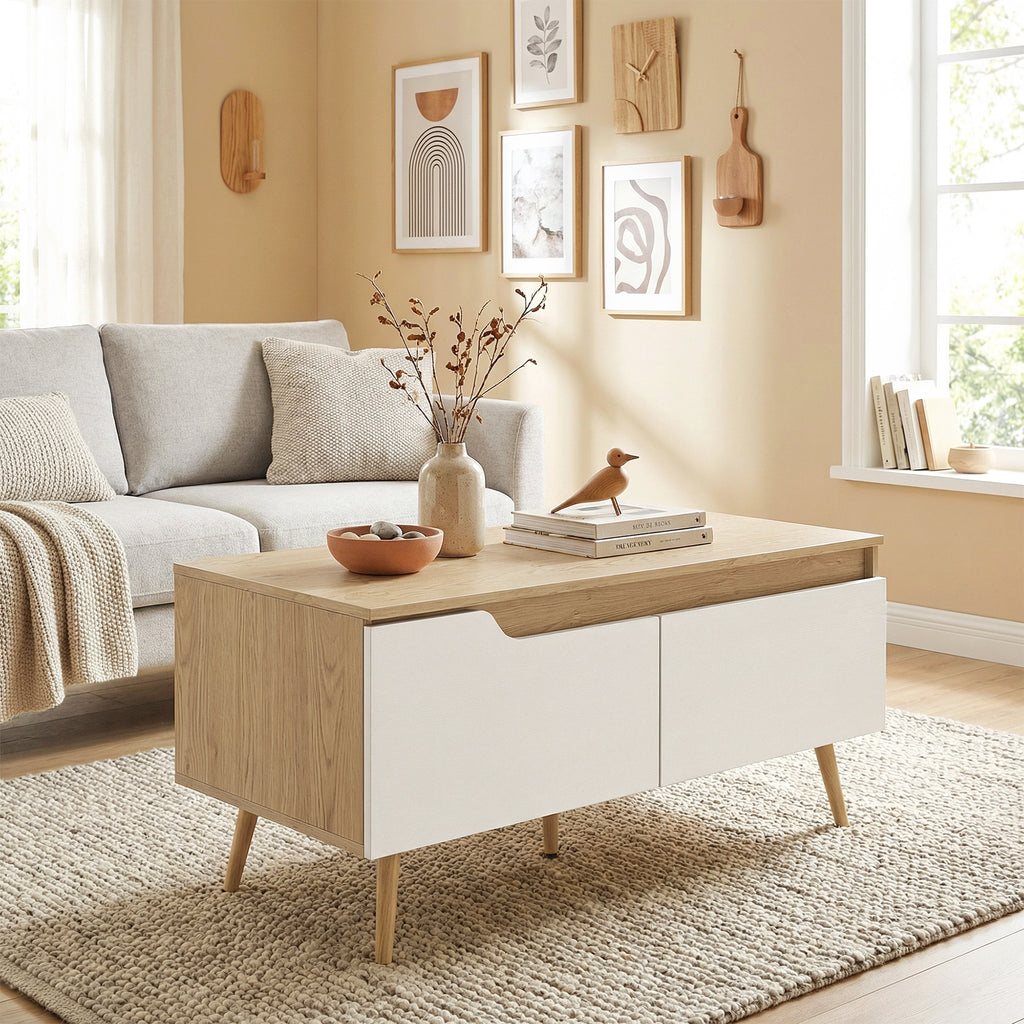 Table basse rectangulaire, table de salon moderne avec 2 tiroirs, 5 pieds en bois de pin, 100x50x46cm, chêne et blanc