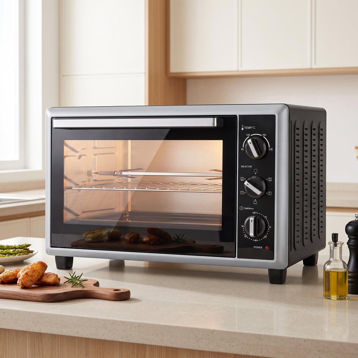 Mini-Four Électrique avec Broche Rotative 46L 1800W, Four à Convection Multifonction, Chaleur Tournante, Minuterie, Noir