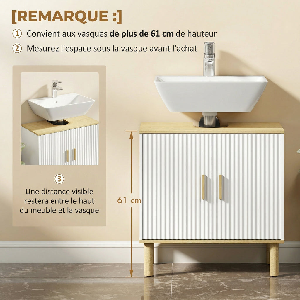 Meuble sous lavabo, meuble de salle de bain avec 2 portes et étagère réglable, 60 x 30 x 61 cm, blanc