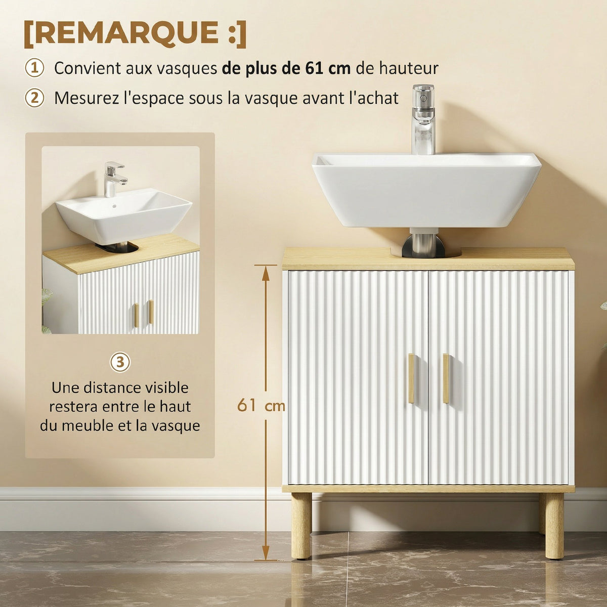 Meuble sous lavabo, meuble de salle de bain avec 2 portes et étagère réglable, 60 x 30 x 61 cm, blanc