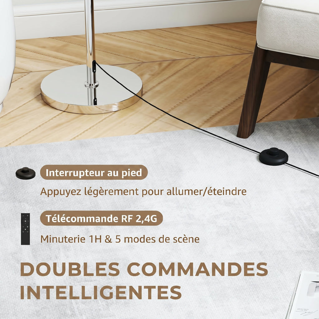 Lampadaire sur pied salon, lampe sur pied dimmable avec télécommande, abat-jour en lin, hauteur réglable 133-168cm, argent