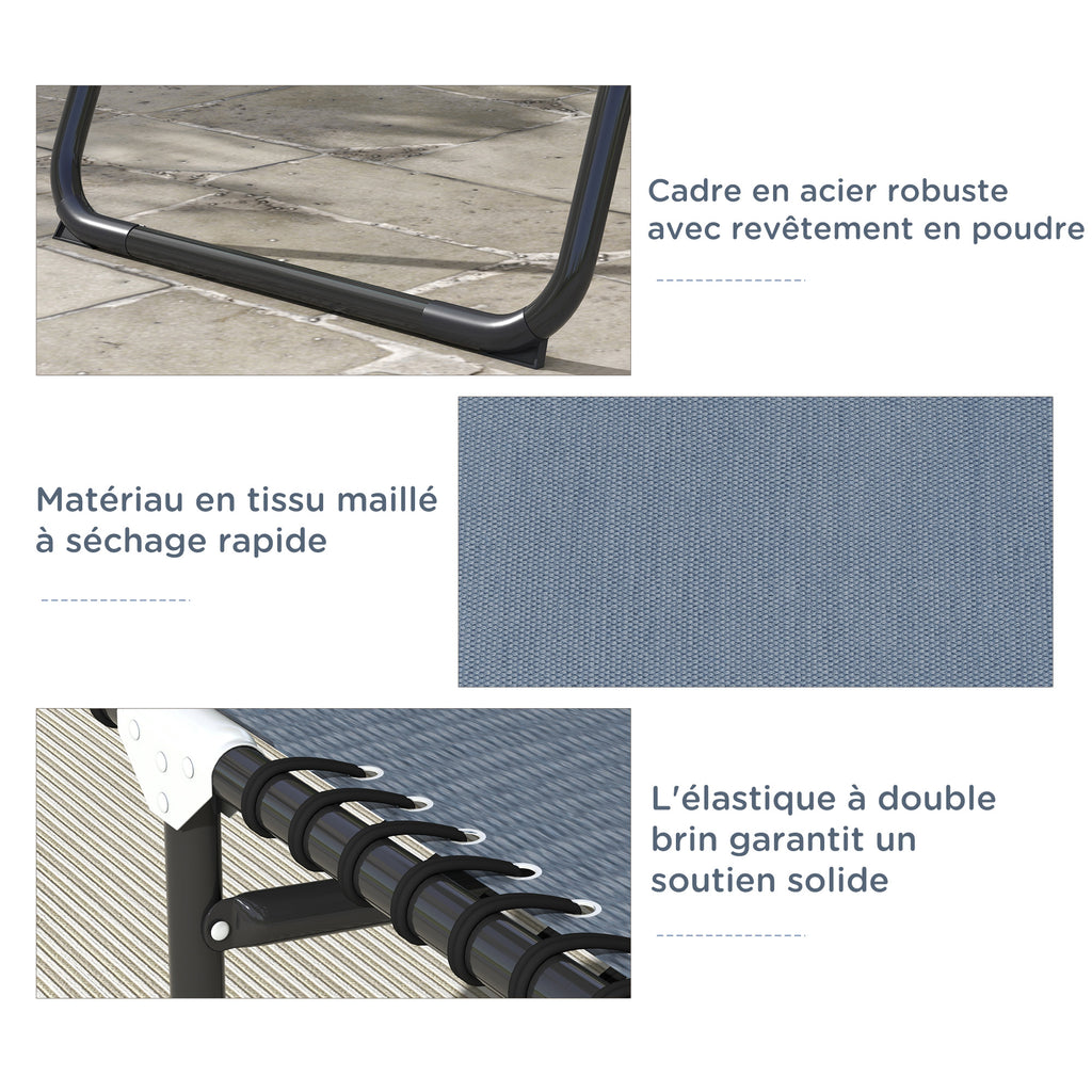 Bain de Soleil transat Pliable Dossier inclinable Multi-Positions Acier thermoplastique Lacets élastiques Noir