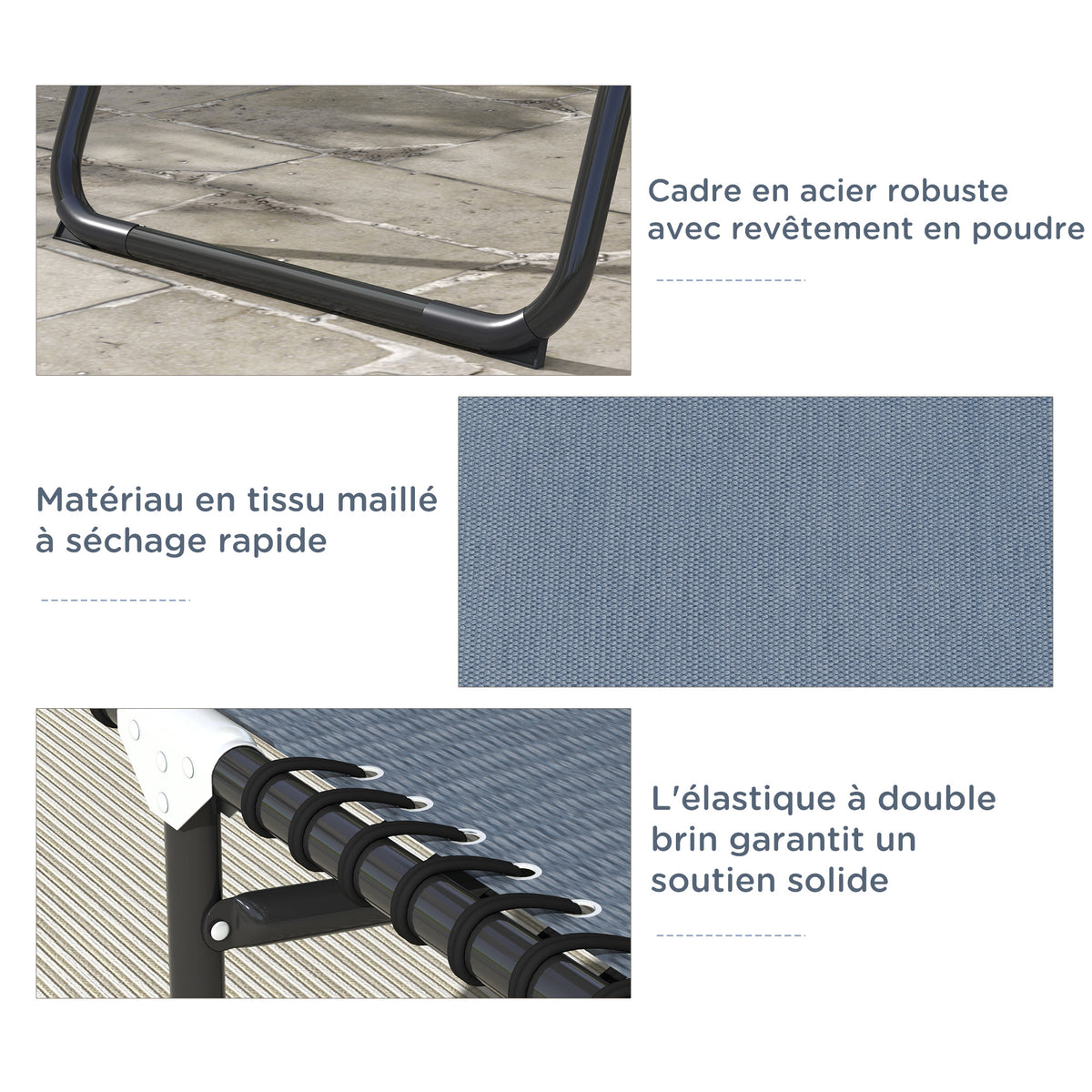 Bain de Soleil transat Pliable Dossier inclinable Multi-Positions Acier thermoplastique Lacets élastiques Noir