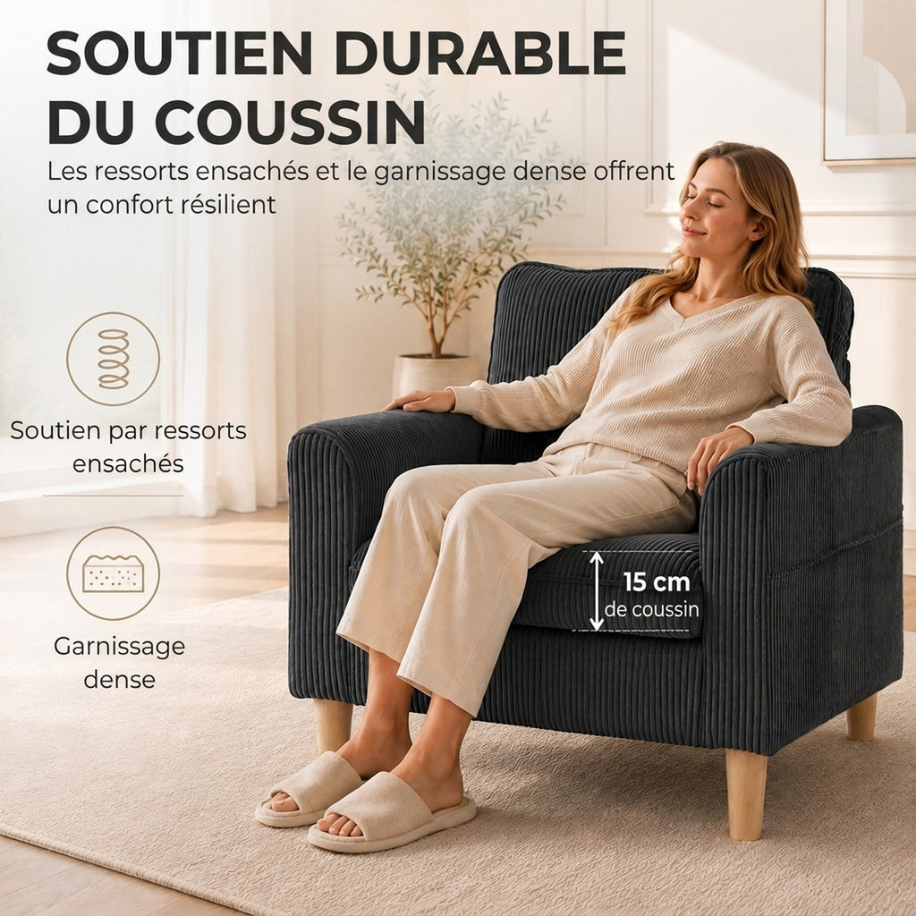 Fauteuil de salon en velours côtelé, canapé 1 place rembourré, assise large, coussin à ressorts, 83x74x87cm, Gris Foncé