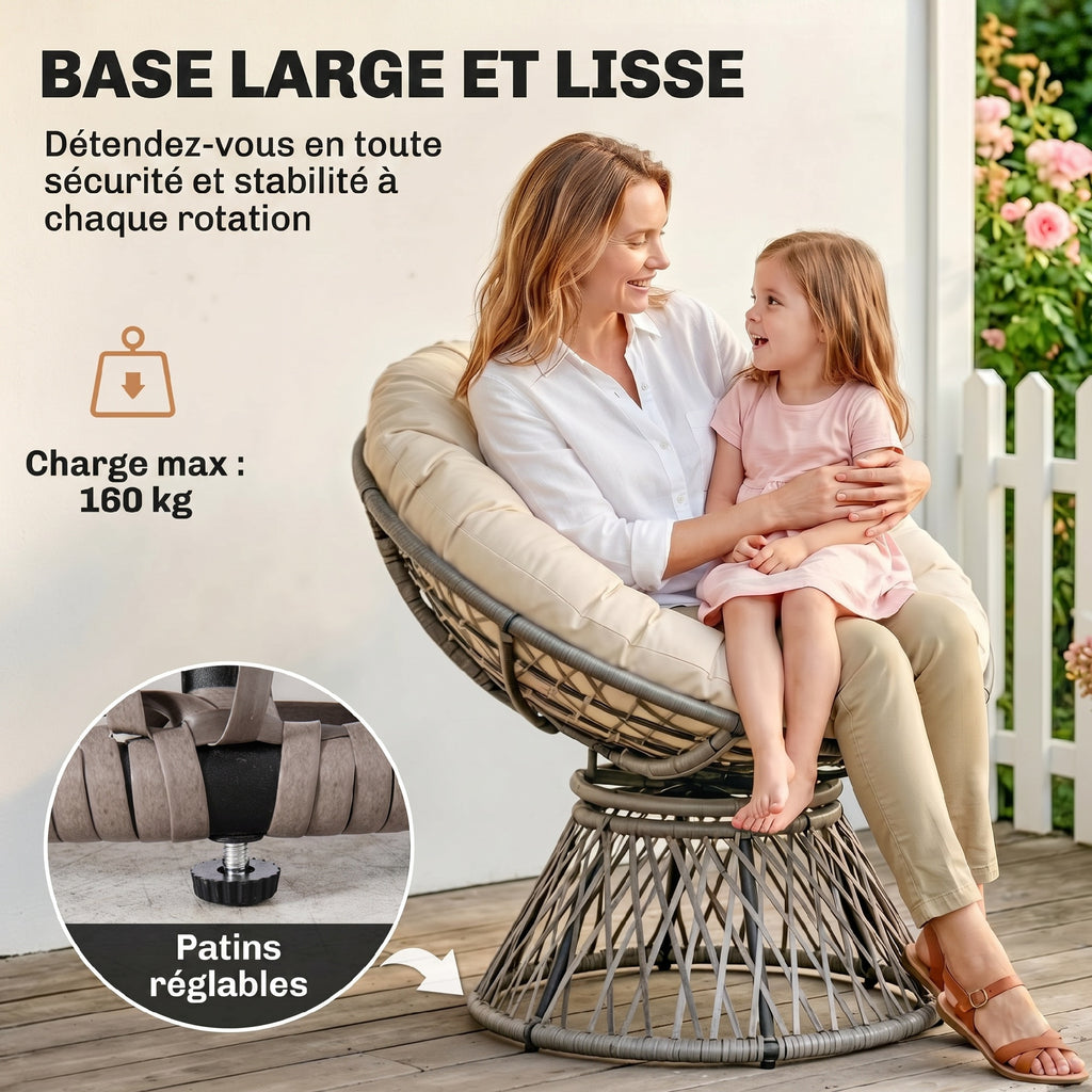 Fauteuil rond de jardin fauteuil papasan pivotant Ø 97 x 90H cm grand coussin fourni polyester résine tressée