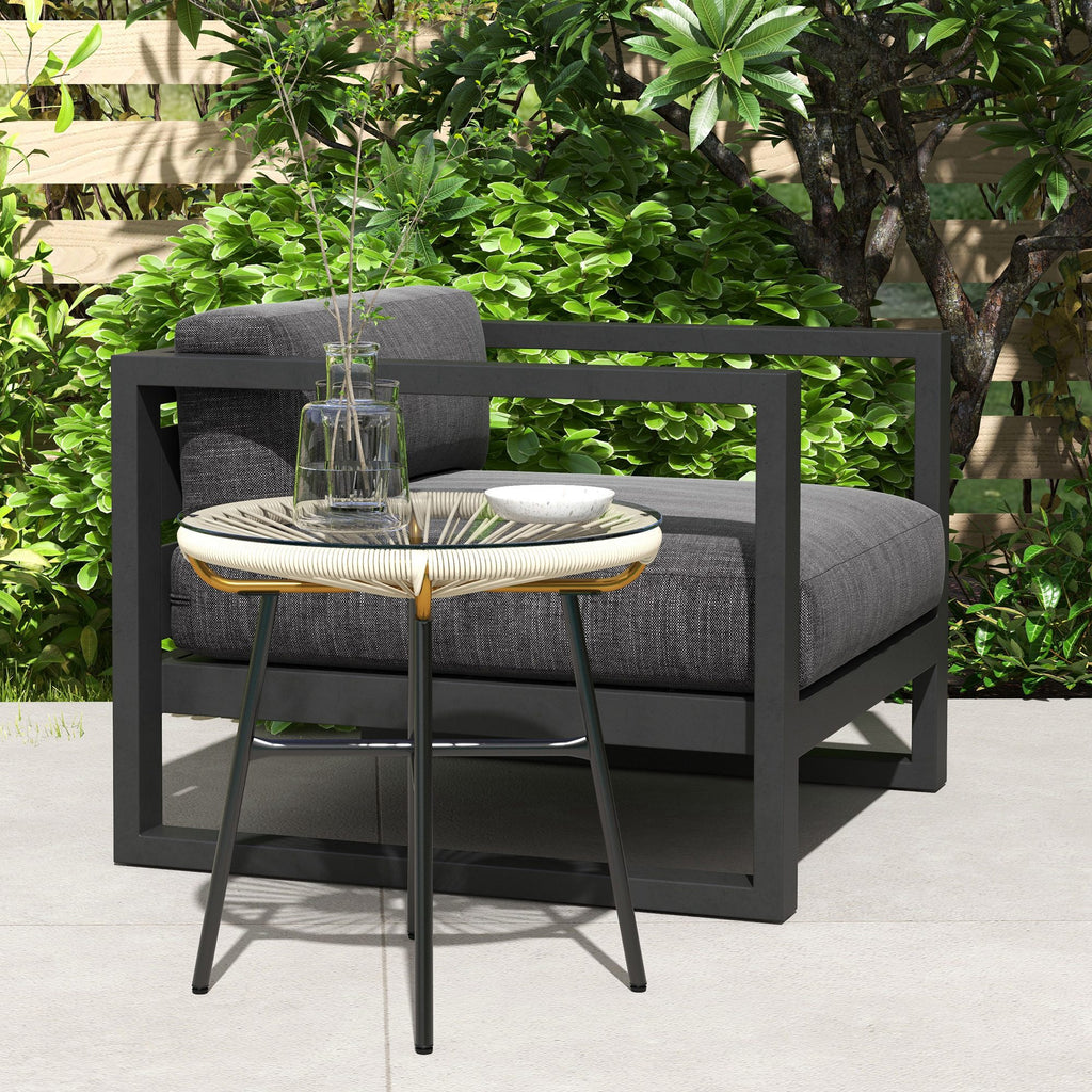 Table basse ronde de jardin en résine aspect rotin métal et plateau verre trempé Ø 50 x 50 cm crème