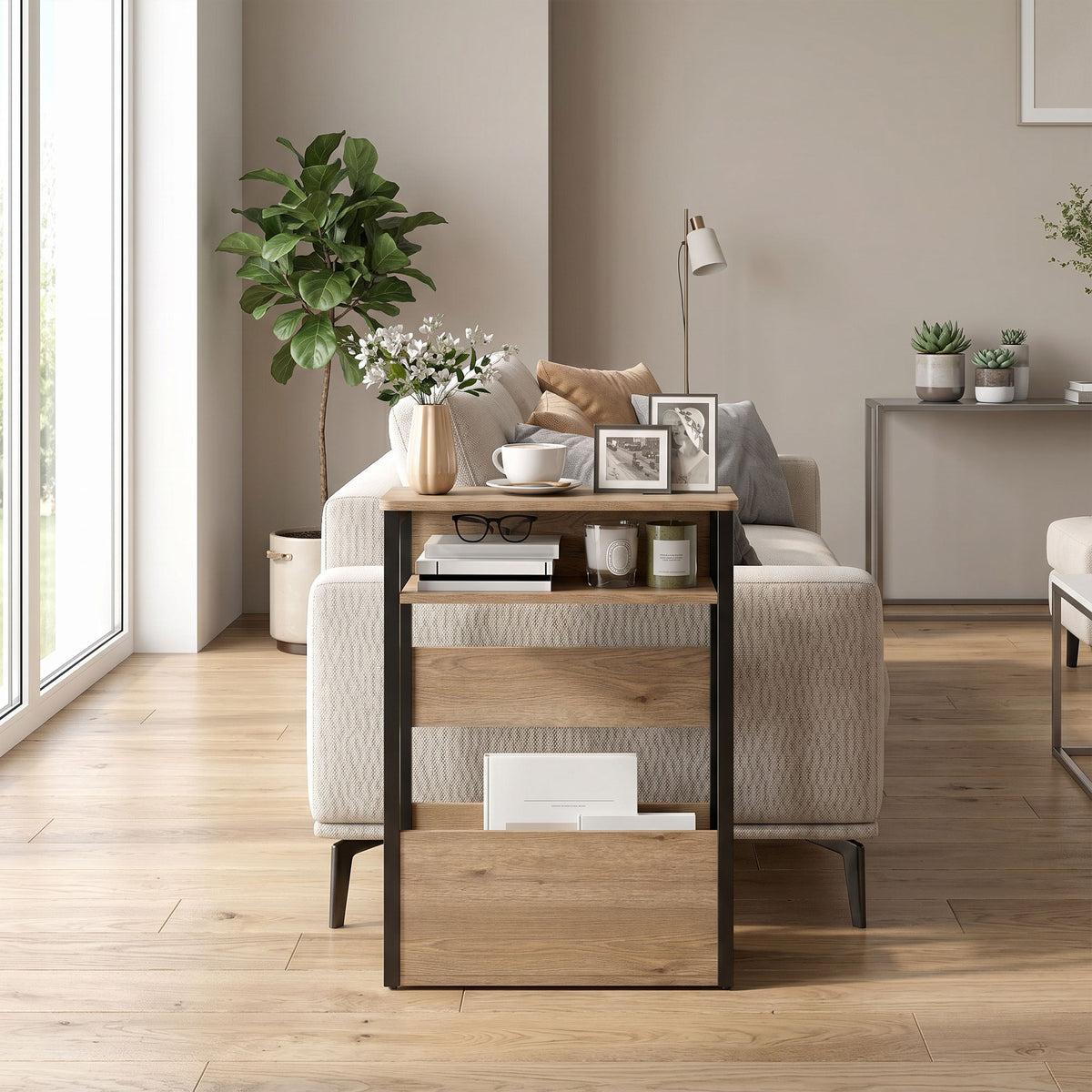 Table d'appoint table de chevet avec étagère à deux niveaux coins arrondis 46l x 18P x 58,5H cm noyer