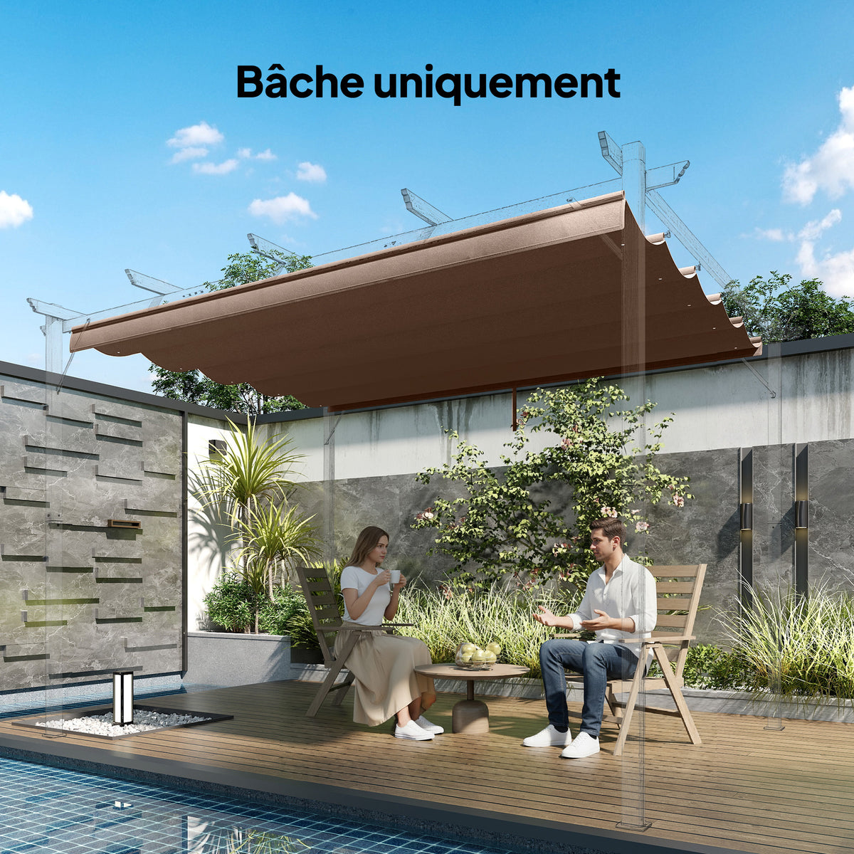 Toile de toit pour pergola tonnelle rétractable de 4 x 3 m - toile uniquement 350 x 260 cm café